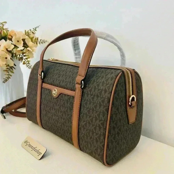 MICHAEL KORS JST TRAVEL MEDIUM DUFFLE SATCHEL SHOULDER CROSSBODY BAG MK BROWN - Picture 5 of 12